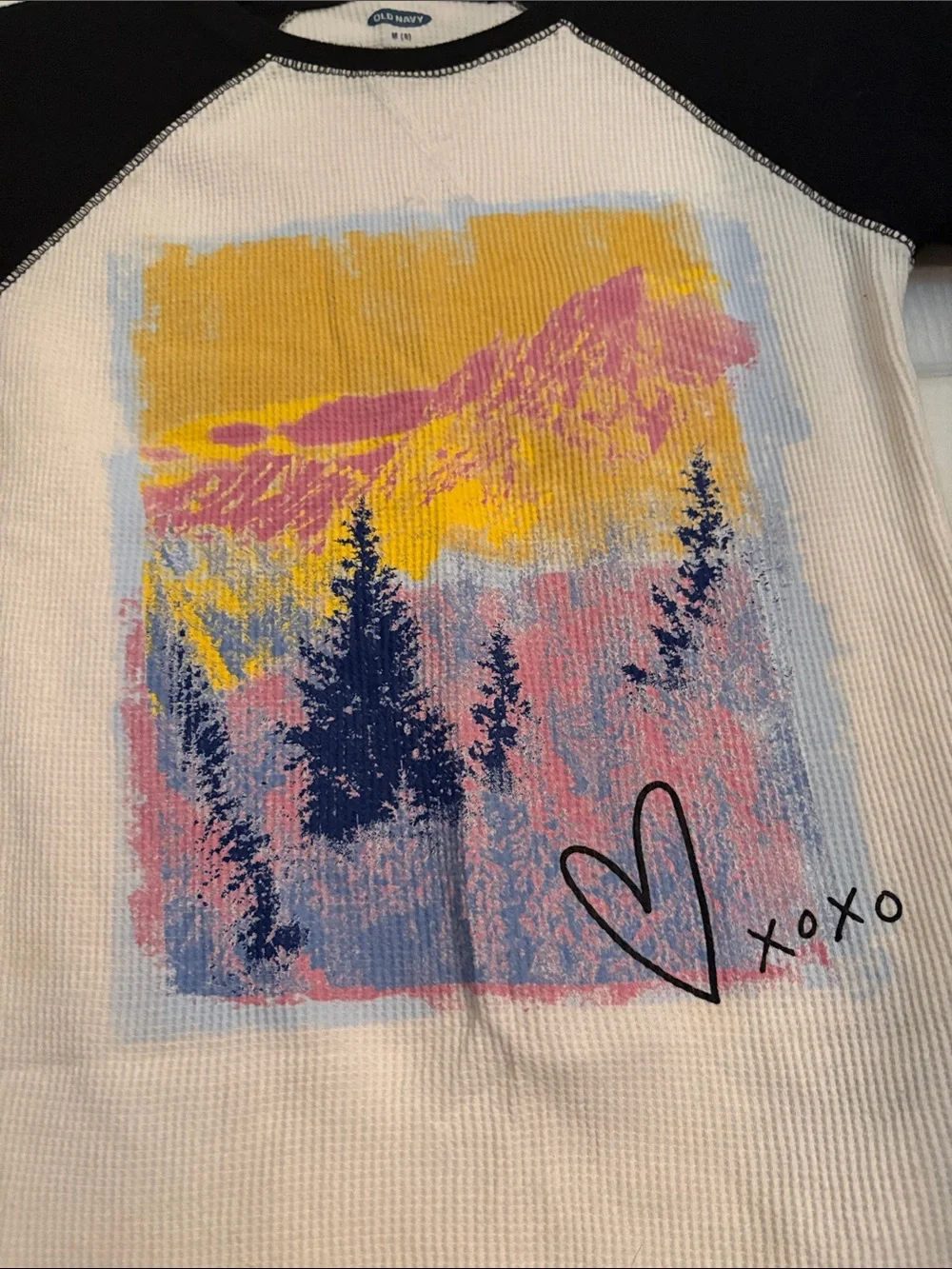 Old Navy Black & White Long-Sleeve Tee with Pink, Yellow & Navy Mountain Graphic